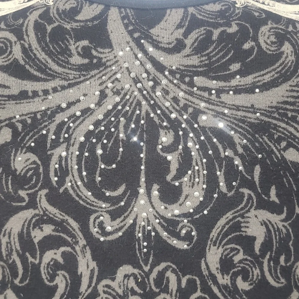 Vintage Y2K Black Gold Lace Beaded Scroll Cross Top Long Sleeve Glam Gothic